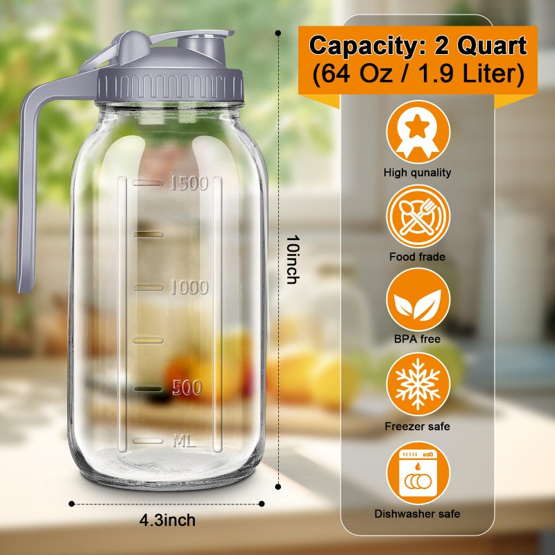 NIJIALGEXPY 64oz Glass Pitcher with Lid, 2 Quart Mason Jar Pitchers with Lid and Spout, Wide Mouth Breast Milk Pitcher Glass Jug Sun Tea Pitchers, Cold Brew Coffee pitcher, Fridge Container for Water, Juice, Tea - Image 2