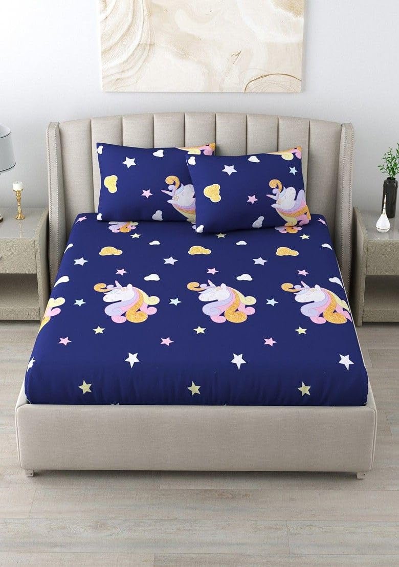 Innovative Edge Kids King Size Elastic Fitted Bedsheet for Double Bed with 2 Pillow Covers | 210 TC Cotton | Deep Pocket Fits up to 8 Inch Mattress | Size 78 x 72 Inch | Blue Unicorn Print - Image 3