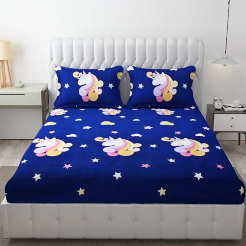 Innovative Edge Kids King Size Elastic Fitted Bedsheet for Double Bed with 2 Pillow Covers | 210 TC Cotton | Deep Pocket Fits up to 8 Inch Mattress | Size 78 x 72 Inch | Blue Unicorn Print - Image 1