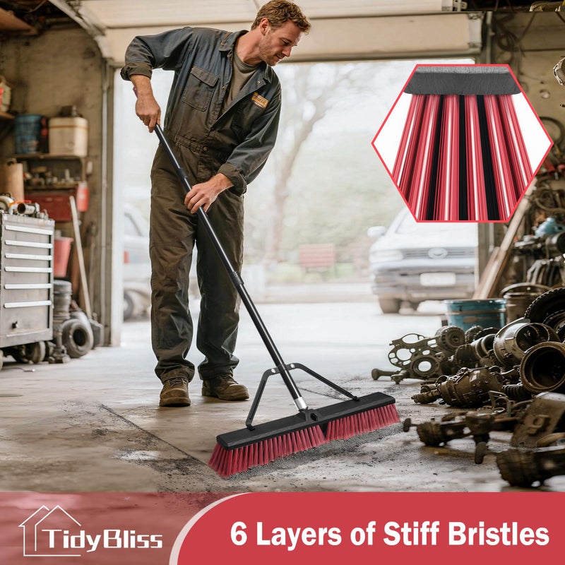 TidyBliss 24â€ Push Broom Outdoor Heavy Duty, Large Commercial Stiff Bristle Brush with 63 inches Long Handle for Garage Shop Garden Yard Patio Deck Street Warehouse Lawn Driveway (Red) - Image 3