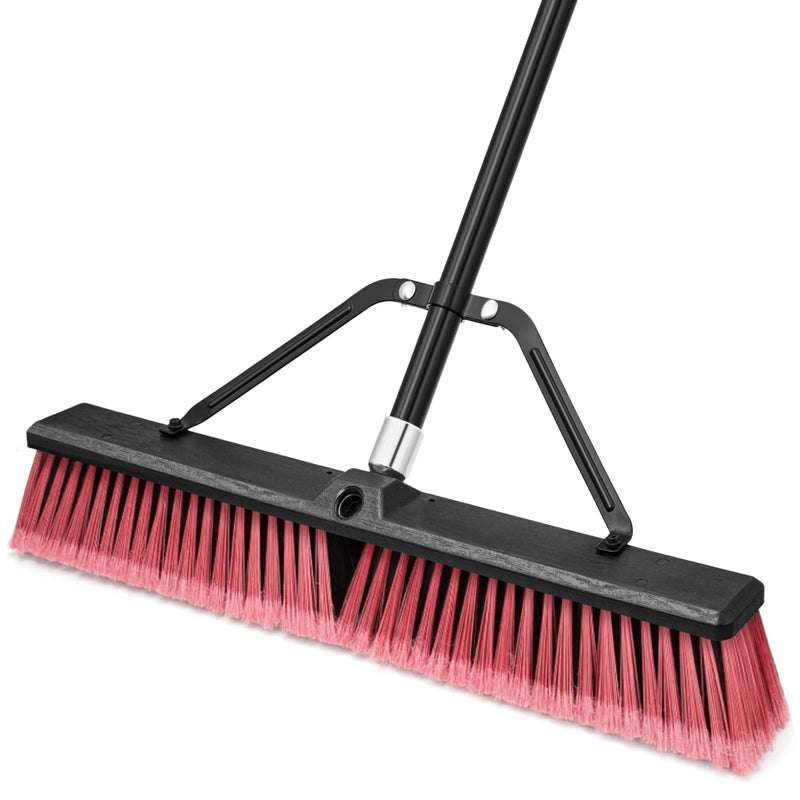 TidyBliss 24â€ Push Broom Outdoor Heavy Duty, Large Commercial Stiff Bristle Brush with 63 inches Long Handle for Garage Shop Garden Yard Patio Deck Street Warehouse Lawn Driveway (Red) - Image 1