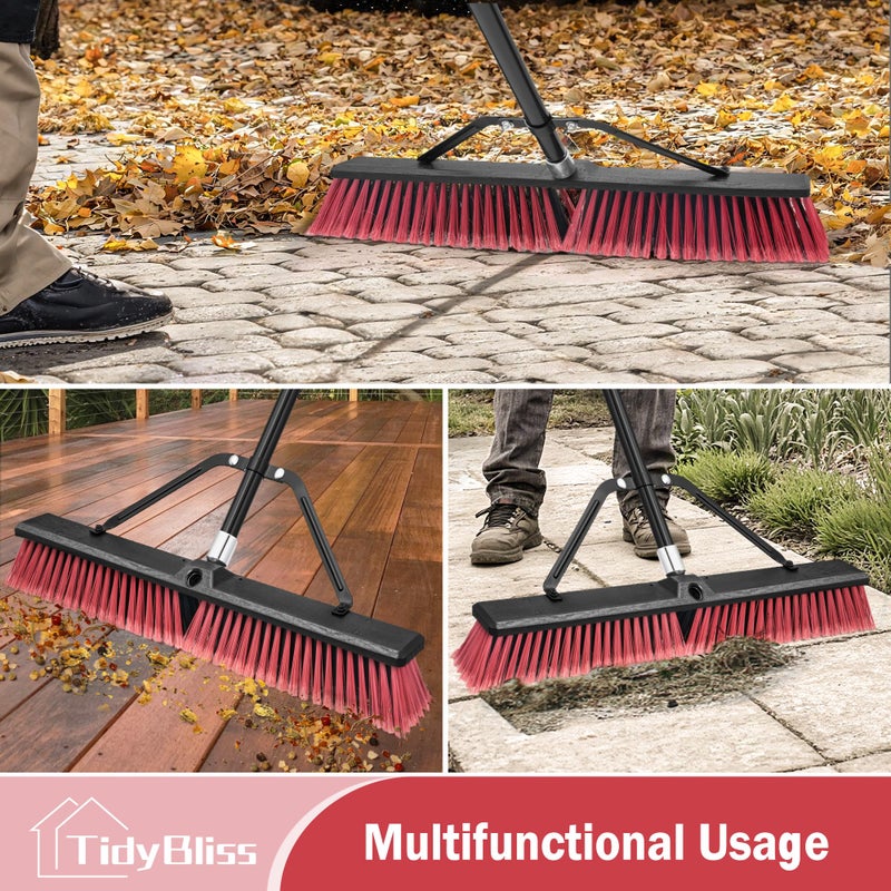 TidyBliss 24â€ Push Broom Outdoor Heavy Duty, Large Commercial Stiff Bristle Brush with 63 inches Long Handle for Garage Shop Garden Yard Patio Deck Street Warehouse Lawn Driveway (Red) - Image 2