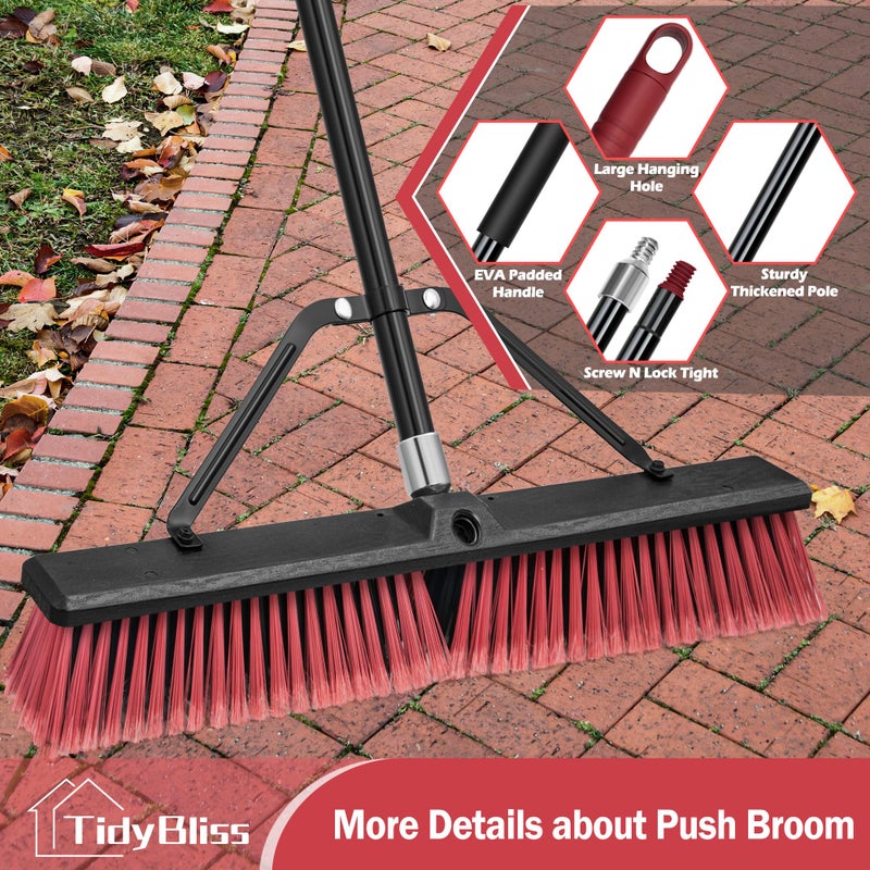 TidyBliss 24â€ Push Broom Outdoor Heavy Duty, Large Commercial Stiff Bristle Brush with 63 inches Long Handle for Garage Shop Garden Yard Patio Deck Street Warehouse Lawn Driveway (Red) - Image 5
