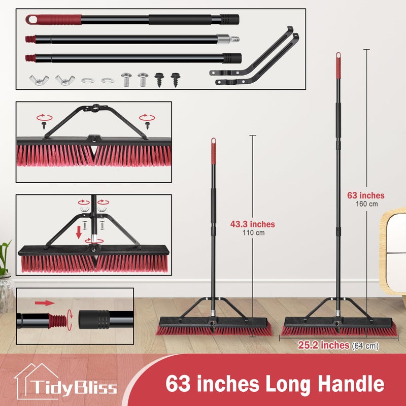 TidyBliss 24â€ Push Broom Outdoor Heavy Duty, Large Commercial Stiff Bristle Brush with 63 inches Long Handle for Garage Shop Garden Yard Patio Deck Street Warehouse Lawn Driveway (Red) - Image 4