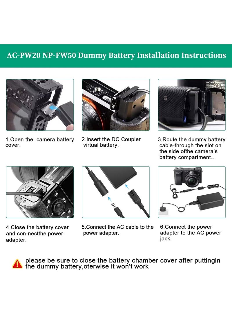Gulf Trend AC-PW20 AC Power Adapter NP-FW50 Dummy Battery Kit for Sony Alpha ZV-E10, A7, A7R, A7S, A7II, A7RII, A7SII, A6500, A6400, A6300, A6100, A6000, A5100, A5000, RX10 II/III/IV, NEX-3/5/7 Cameras – Continuous Power Supply for Extended Shoots - Image 3