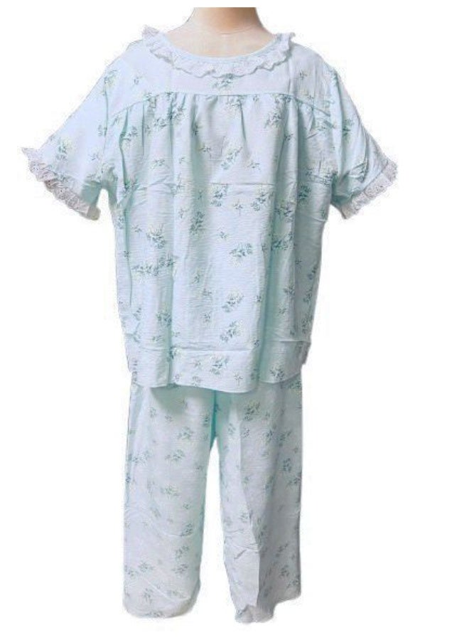 Comfortable Printed Pajamas Cotton Linen Ruffles for Women's Pajamas Set  - Image 1