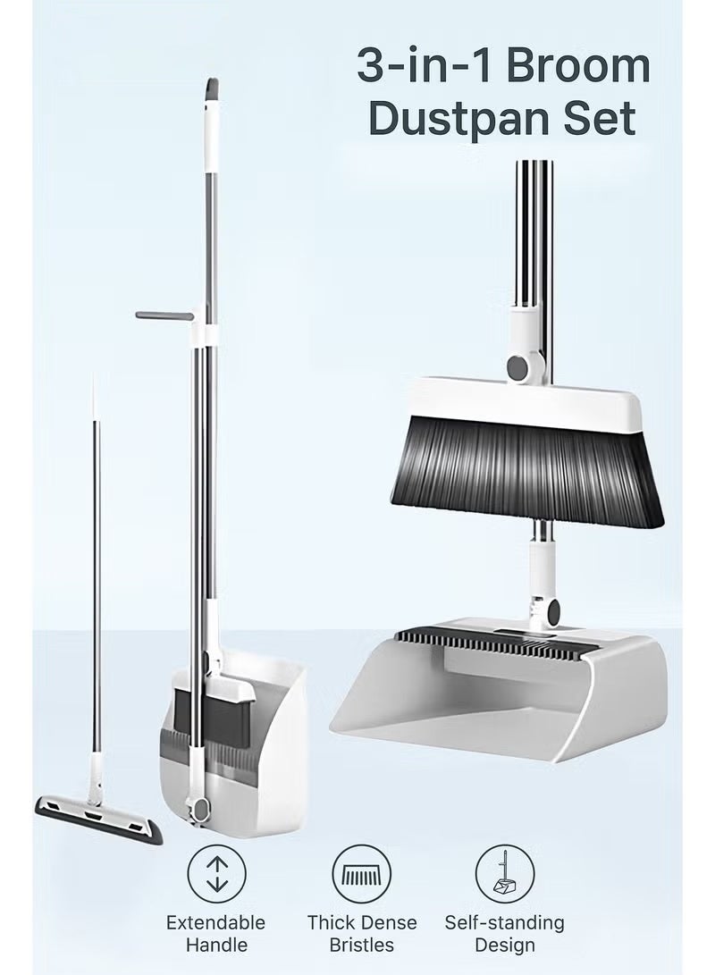 Rock Pow Broom and Dustpan Set with Squeegee | 180° Rotating Head, Upright Storage, Clip-On Design, Dense Soft Bristles | Ideal for Home and Office Cleaning (White) - Image 1