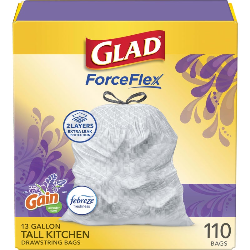 Glad ForceFlex Tall Kitchen Trash Bags, 13 Gallon, Gain Lavender, 110 Count (Package May Vary) - Image 1