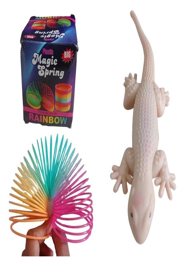 ZOKCY 2 in 1 ( 2 Rainbow Magic Spring Toy + 2 Real Looking Prank Lizard Chipkali ) for kids/Rainbow Spring Fun Activity Stress Relief Toy/Fake Lizard House Gecko Rubber Practical Jokes and Prank Trick - Image 1