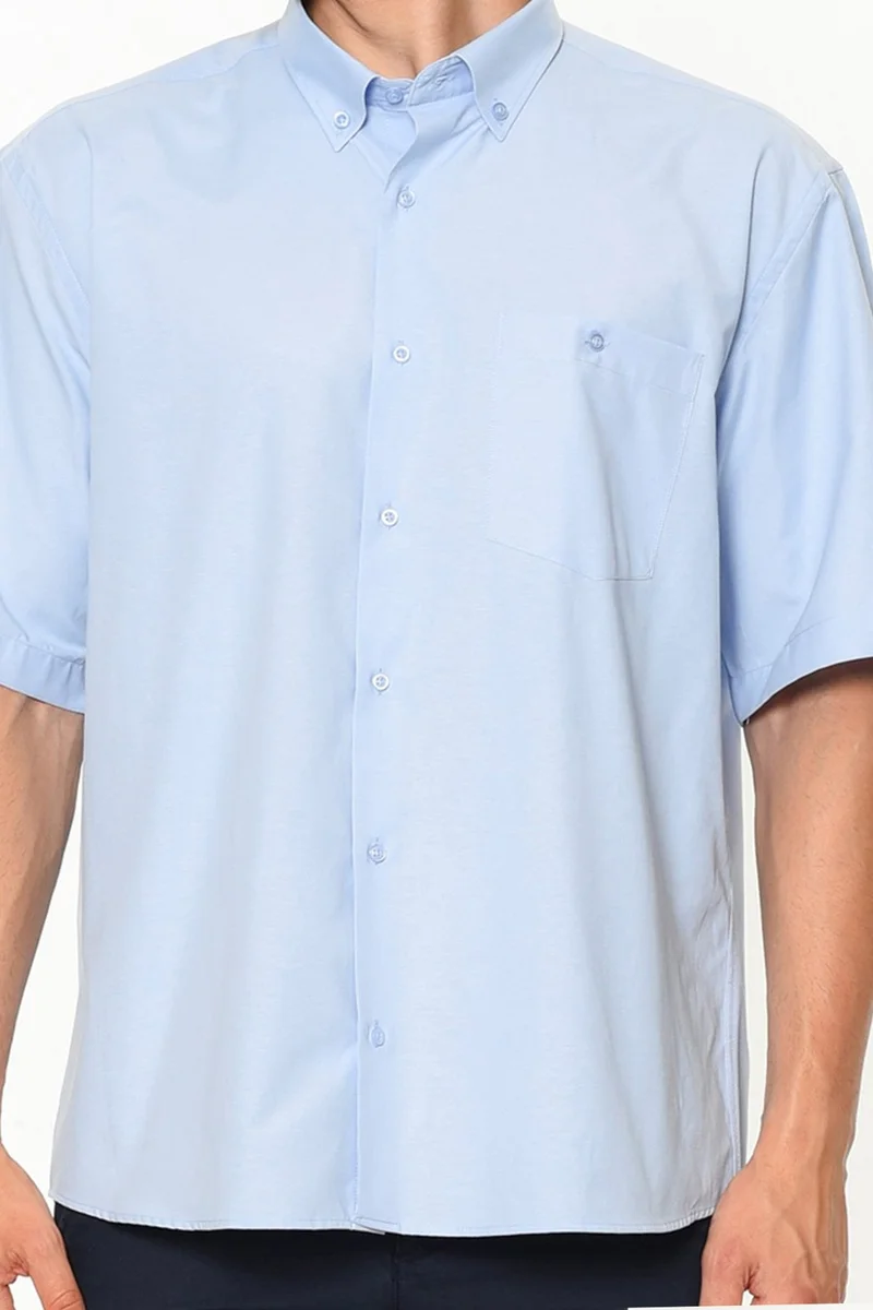 Varetta Men's Light Blue Short Sleeved Classic Cut Collar Buttoned Cotton Satin Shirt