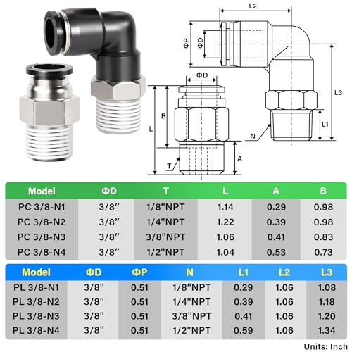 TAILONZ PNEUMATIC Elbow and Straight Combination 3/8 Inch Tube OD x 1/4 Inch NPT Thread Push to Connect Fittings PC-3/8-N2+PL-3/8-N2(Pack of 12) - Image 2