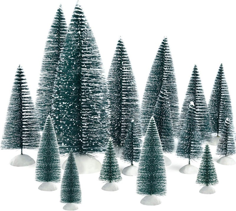 KUUQA KUUQA 46Pcs Mini Christmas Trees Bottle Brush Trees Miniature Sisal Snow Frost Trees Tabletop Trees with White Base Diorama Models for Christmas Party Home Decoration Home Table Top Decoration  - Image 1