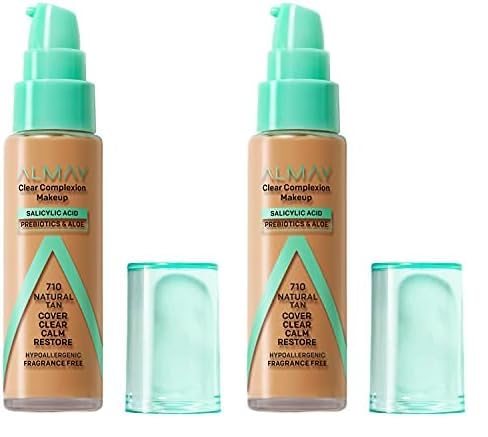 Almay Almay Clear Complexion Acne Foundation Makeup with Salicylic Acid  Lightweight Medium Coverage Hypoallergenic FragranceFree for Sensitive Skin 710 Natural Tan 1 fl oz Pack of 2