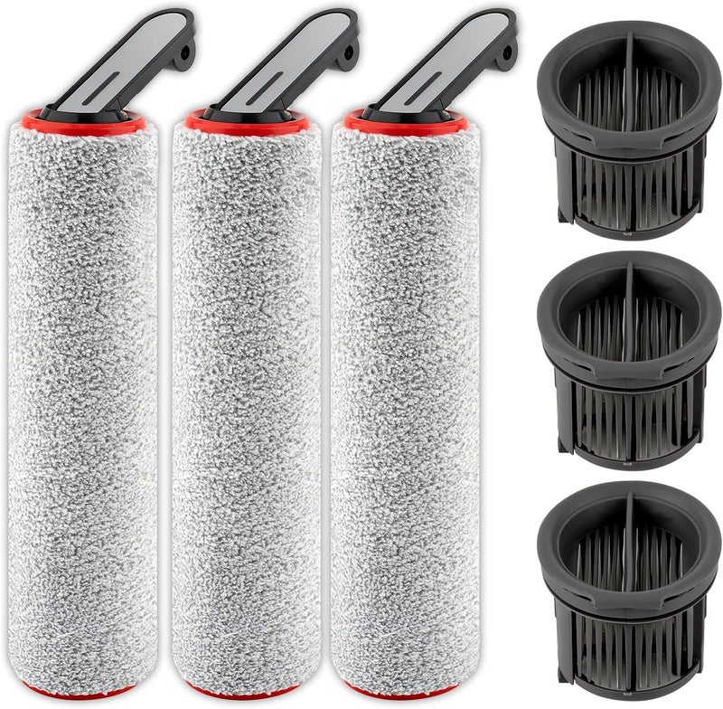 BRUVISH (6 Pack) H14 Pro Replacement Roller Brushes and HEPA Filters Compatible with Dreame H14 Pro Cordless Wet and Dry Vacuum Cleaner, 3 Roller Brushes, 3 HEPA Filters, Accessories Kit - Image 1