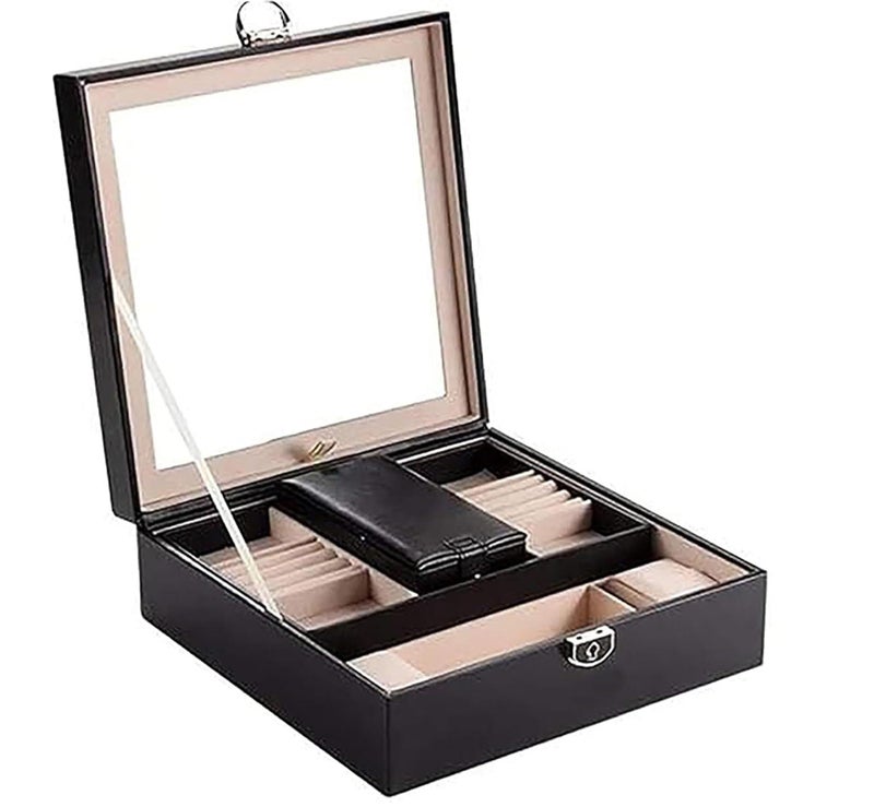 SIBY Luxury Black Jewelry Box with Mirror & Travel Case – Velvet 2-Layer Organizer for Rings, Earrings, Bracelets, Watches – Gift Storage Case for Women & Girls - Image 1