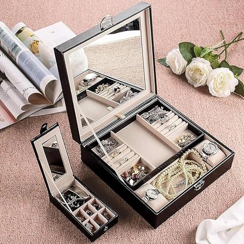 SIBY Luxury Black Jewelry Box with Mirror & Travel Case – Velvet 2-Layer Organizer for Rings, Earrings, Bracelets, Watches – Gift Storage Case for Women & Girls - Image 5