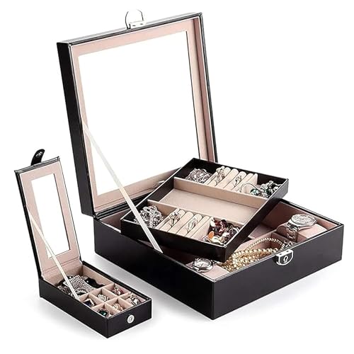 SIBY Luxury Black Jewelry Box with Mirror & Travel Case – Velvet 2-Layer Organizer for Rings, Earrings, Bracelets, Watches – Gift Storage Case for Women & Girls - Image 2