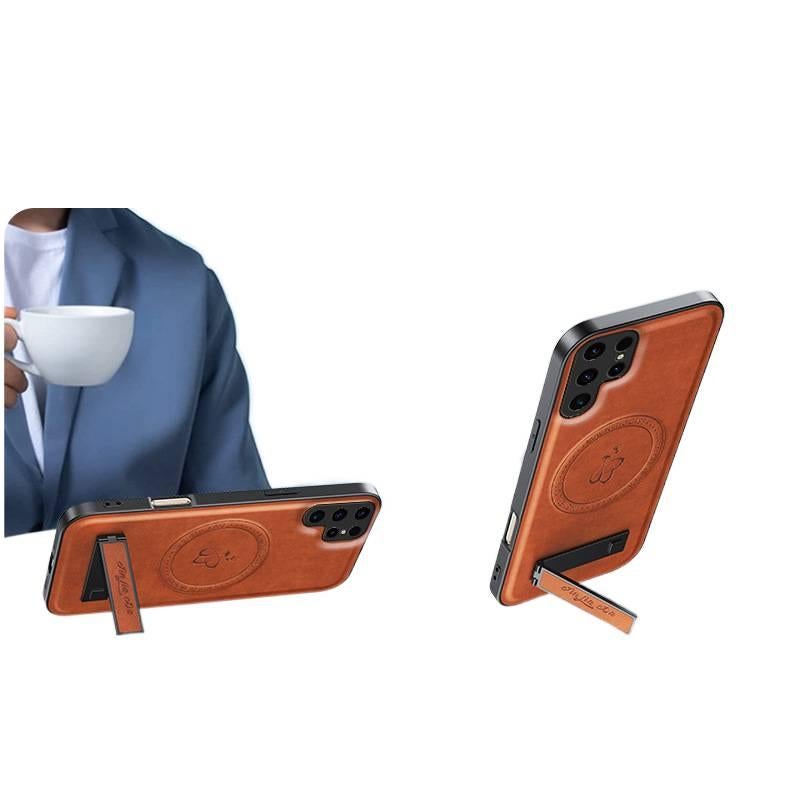 غطاء MagSafe بTPU + PC لـ Samsung Galaxy A55 مع ملمس جلدي ومغناطيس قوي مع مقاوم للصدمات مع حامل قائم مع حماية من السقوط باللون بني مغناطيسي بوظيفة حامل من مادة TPU للاستخدام الشخصي - Image 4