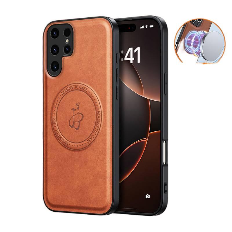 غطاء MagSafe بTPU + PC لـ Samsung Galaxy A55 مع ملمس جلدي ومغناطيس قوي مع مقاوم للصدمات مع حامل قائم مع حماية من السقوط باللون بني مغناطيسي بوظيفة حامل من مادة TPU للاستخدام الشخصي - Image 1