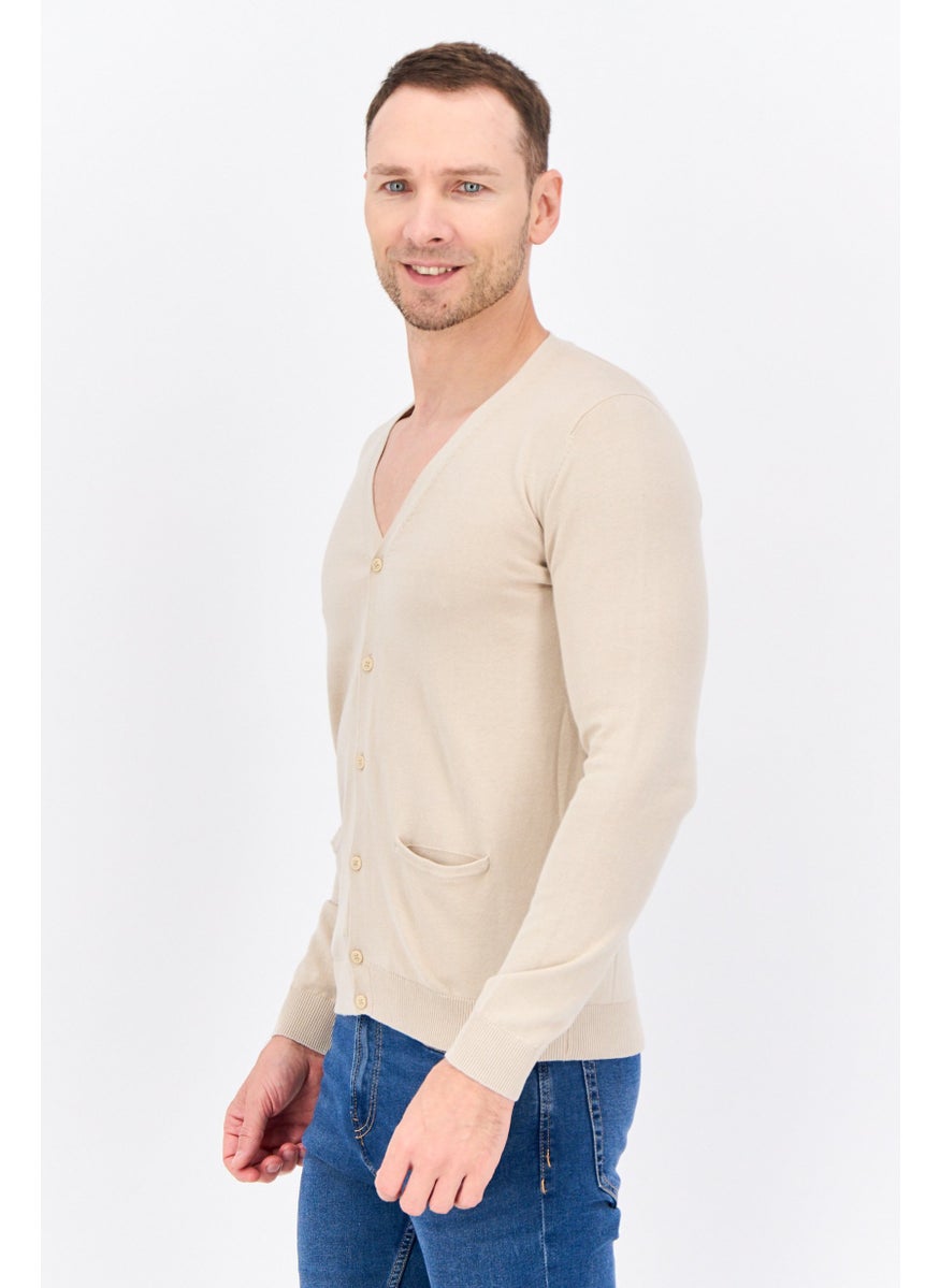 Sorbino - Men V Neck Long Sleeve Textured Cardigan, Beige - Image 1