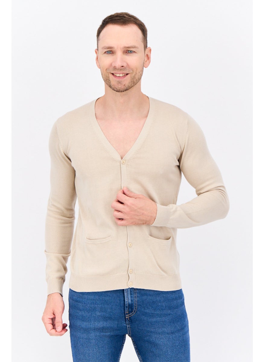 Sorbino - Men V Neck Long Sleeve Textured Cardigan, Beige - Image 1