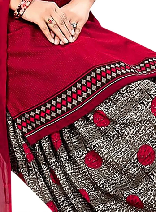 ISHIN Maroon & Grey Floral Printed Unstitched Dress Material