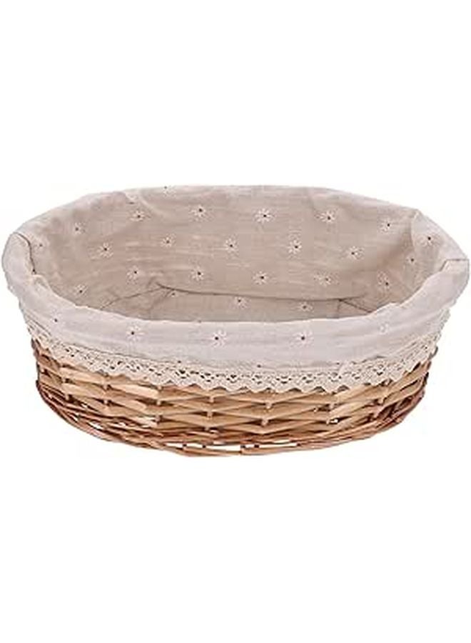 Natural Rattan Bread Basket with Burlap Lace Kitchen Dining Storage Organizer - Image 1