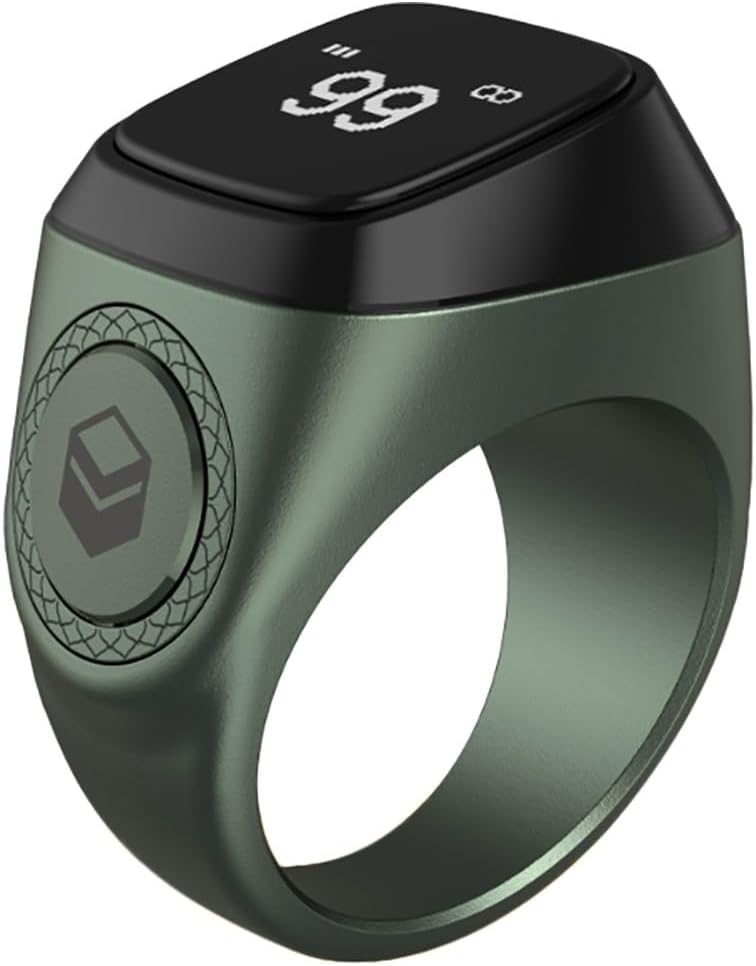 YU WELL iQIBLA Smart Tasbih Zikr Ring- Muslim Prayer- Prayer Timing Reminder OLED Display Tasbih Counter Smart Ring Wearable Technology Waterproof (20MM Metal, Green) - Image 1