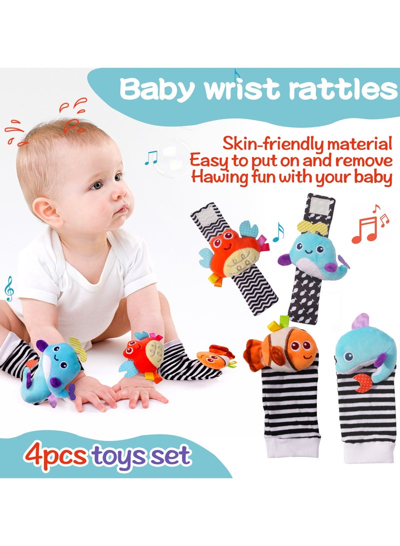 Newborn Baby Ocean Theme Wrist Rattles u0026 Foot Socks 4PCS, Black u0026 Colorful Infant Hand Wrist Bands Toys, Educational Soft Rattle Socks Set for 0-12 Months - Image 4