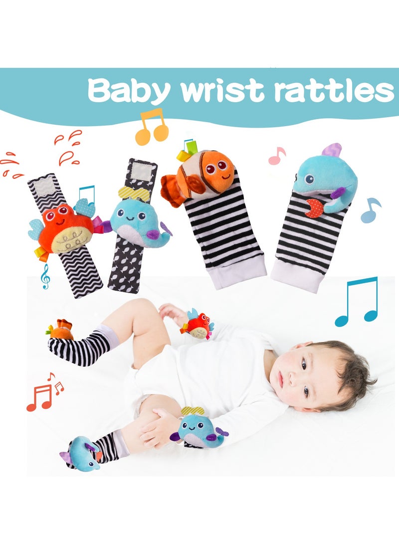 Newborn Baby Ocean Theme Wrist Rattles u0026 Foot Socks 4PCS, Black u0026 Colorful Infant Hand Wrist Bands Toys, Educational Soft Rattle Socks Set for 0-12 Months - Image 5