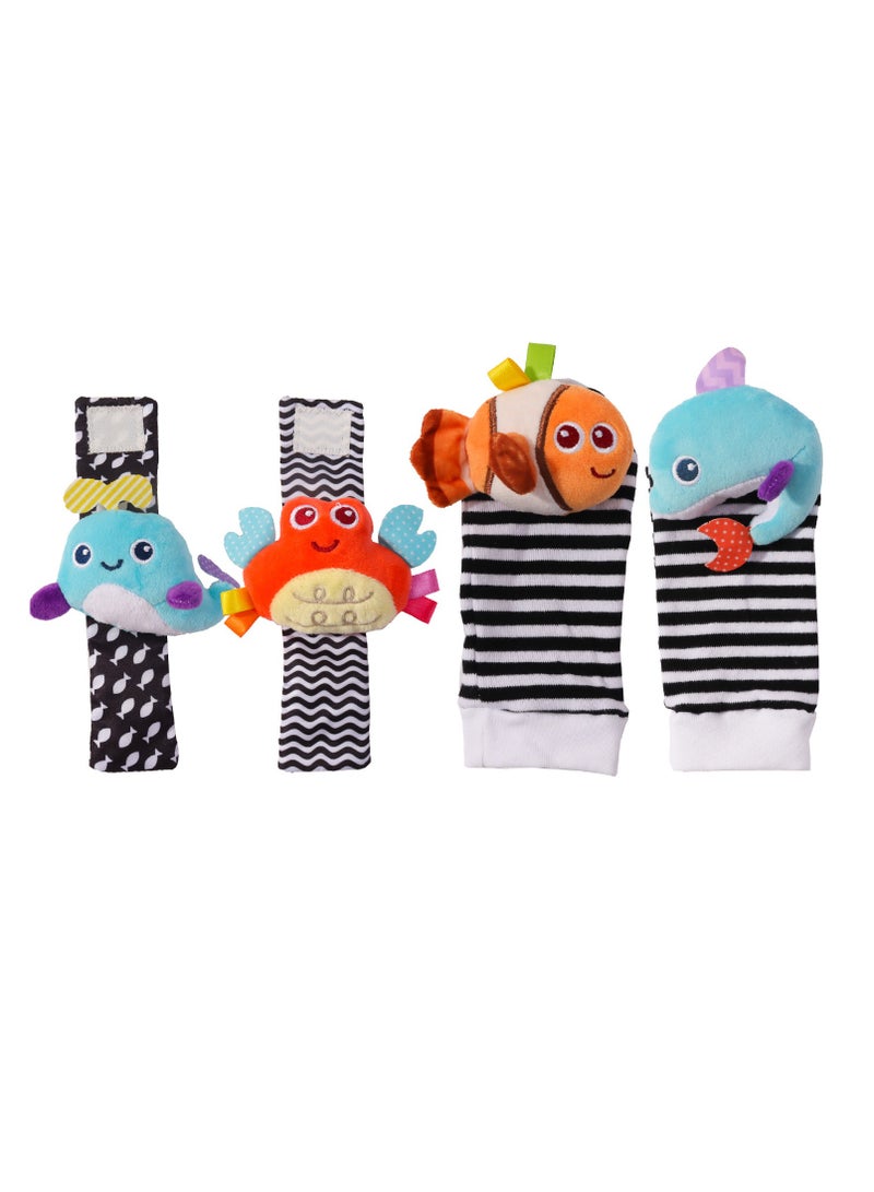 Newborn Baby Ocean Theme Wrist Rattles u0026 Foot Socks 4PCS, Black u0026 Colorful Infant Hand Wrist Bands Toys, Educational Soft Rattle Socks Set for 0-12 Months - Image 1