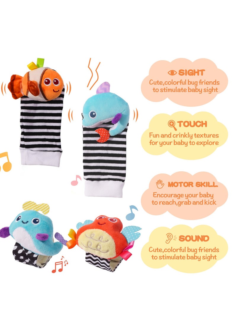Newborn Baby Ocean Theme Wrist Rattles u0026 Foot Socks 4PCS, Black u0026 Colorful Infant Hand Wrist Bands Toys, Educational Soft Rattle Socks Set for 0-12 Months - Image 2