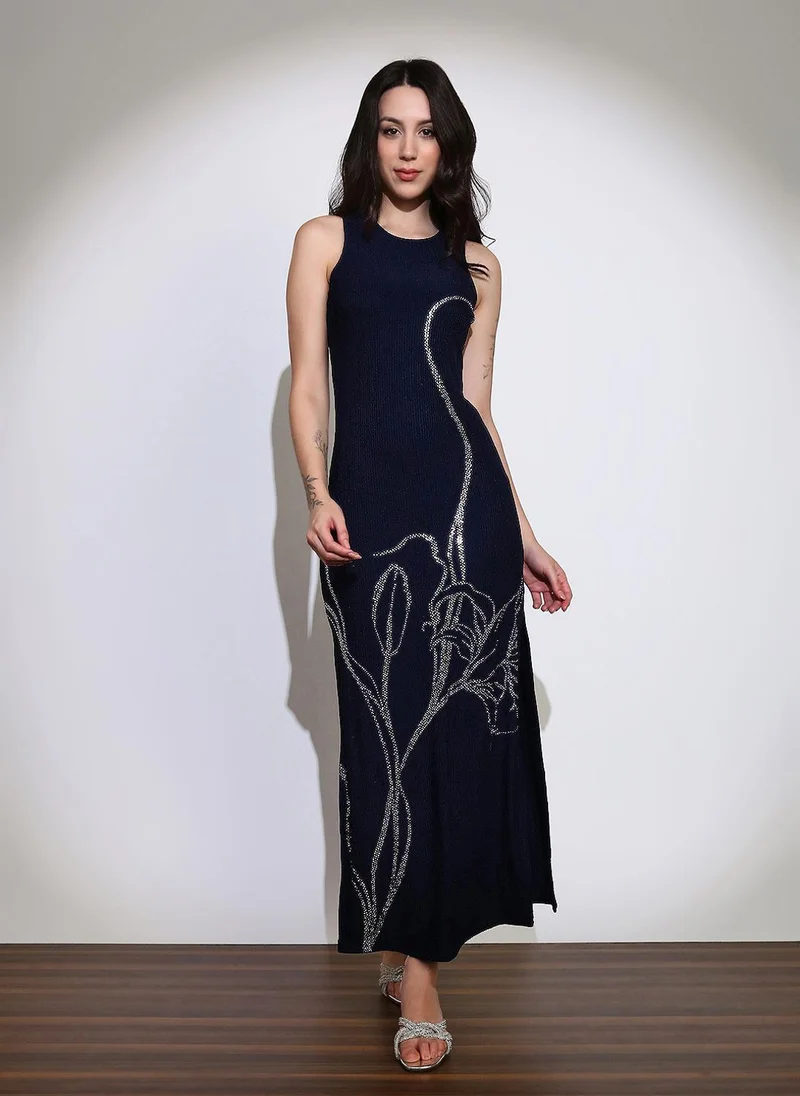 جلو باص Globus Women Navy Blue Self Design Round Neck Embellished Detail Side Slits Bodycon Maxi Party Dress