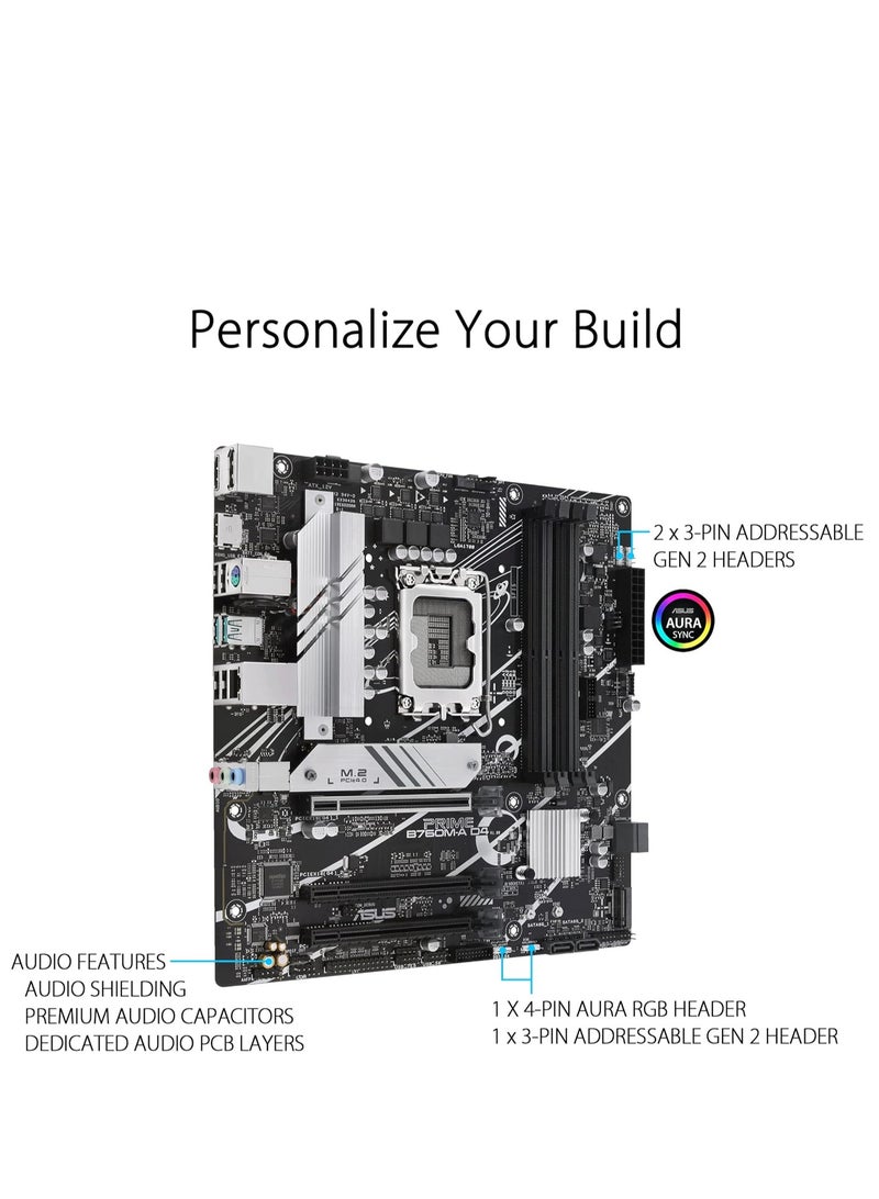 أسوس لوحة أم PRIME B760M-A-CSM من إنتل® B760 (LGA 1700) بحجم mATX مع PCIe 4.0، DDR5، فتحتين M.2، Ethernet بسرعة 2.5Gb من Realtek، DisplayPort، HDMI™ مزدوج، SATA بسرعة 6 Gbps، USB 3.2 Gen 2 في الخلف، USB 3.2 Gen 1 Type-C®، Aura Sync - Image 2