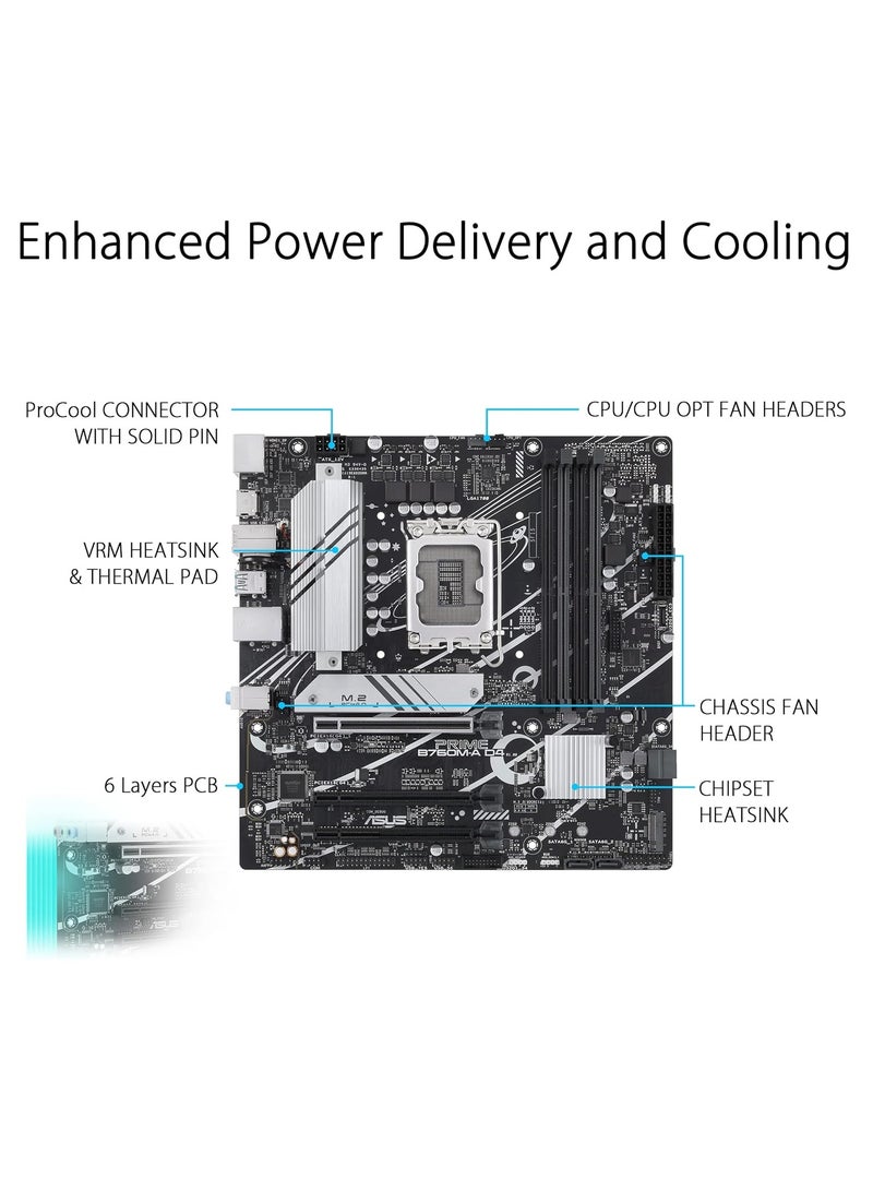 أسوس لوحة أم PRIME B760M-A-CSM من إنتل® B760 (LGA 1700) بحجم mATX مع PCIe 4.0، DDR5، فتحتين M.2، Ethernet بسرعة 2.5Gb من Realtek، DisplayPort، HDMI™ مزدوج، SATA بسرعة 6 Gbps، USB 3.2 Gen 2 في الخلف، USB 3.2 Gen 1 Type-C®، Aura Sync - Image 3