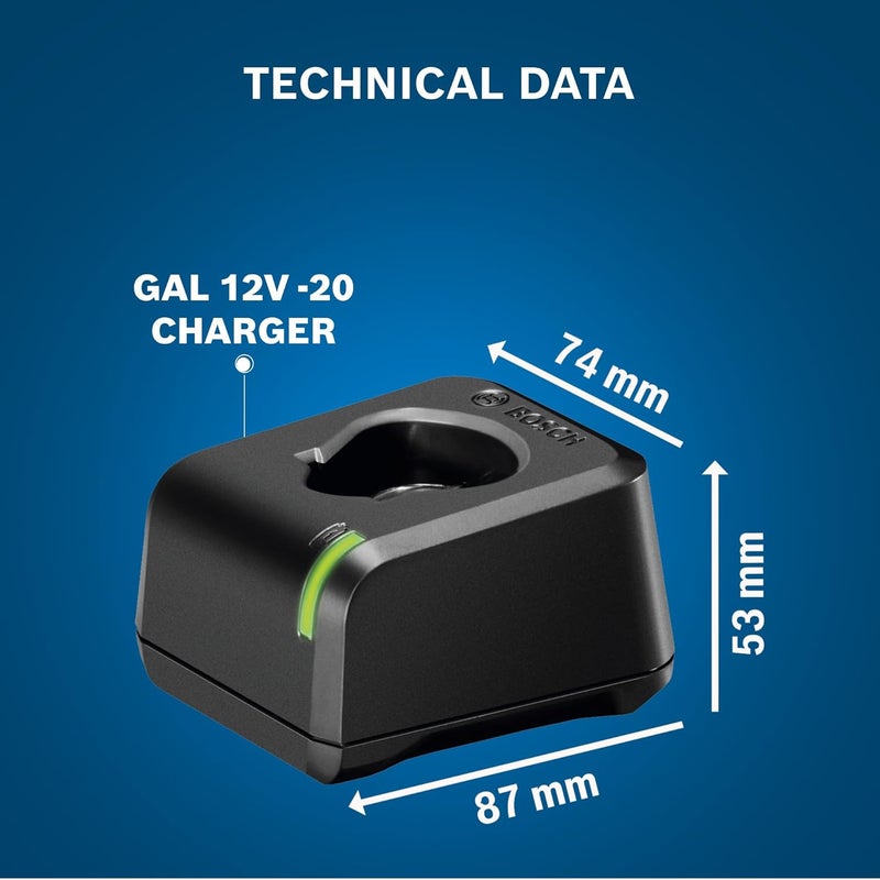 BOSCH GAL 12V-20 Battery Charger | for Tubular Batteries | 80/20 Dual-Charging Mode | Fast Initial Charge (80%) | Input Voltage 230 V| Charging Status Light | 1 x 12V-20 Battery Charger - Image 5