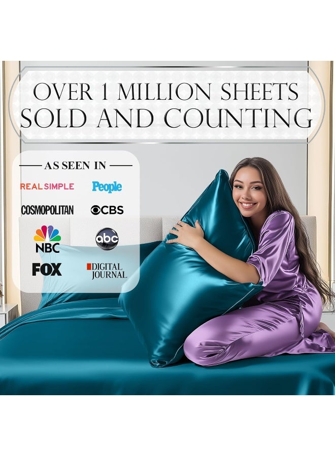 DECOLURE Satin Sheet Queen Set 6pcs - Genuine & Luxurious Silk Feel Sheets Queen w/Deep Pocket - Elegant All-Season Satin Silky Soft Queen Size Satin Bed Sheets - Comfy Satin Sheets Set (Sea Teal) - Image 4