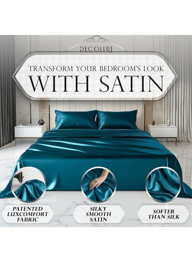 DECOLURE Satin Sheet Queen Set 6pcs - Genuine & Luxurious Silk Feel Sheets Queen w/Deep Pocket - Elegant All-Season Satin Silky Soft Queen Size Satin Bed Sheets - Comfy Satin Sheets Set (Sea Teal) - Image 2