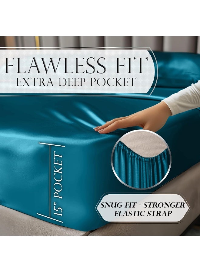 DECOLURE Satin Sheet Queen Set 6pcs - Genuine & Luxurious Silk Feel Sheets Queen w/Deep Pocket - Elegant All-Season Satin Silky Soft Queen Size Satin Bed Sheets - Comfy Satin Sheets Set (Sea Teal) - Image 5