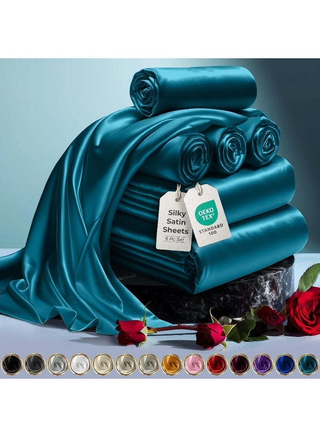 DECOLURE Satin Sheet Queen Set 6pcs - Genuine & Luxurious Silk Feel Sheets Queen w/Deep Pocket - Elegant All-Season Satin Silky Soft Queen Size Satin Bed Sheets - Comfy Satin Sheets Set (Sea Teal) - Image 1