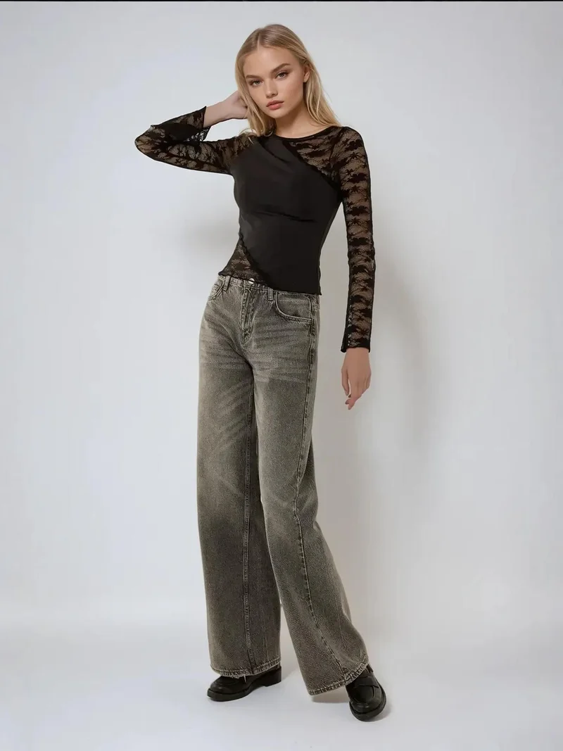 HICCUP Long Sleeve Blouse with Lace Detail