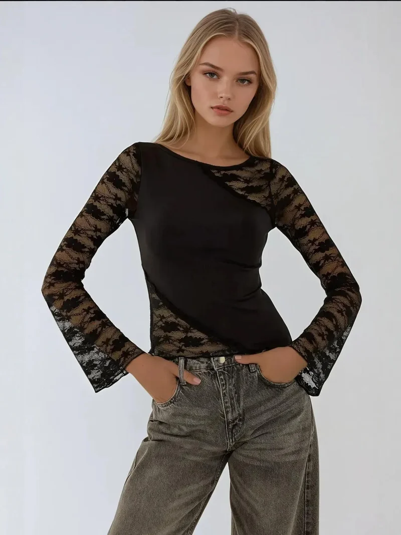 HICCUP Long Sleeve Blouse with Lace Detail