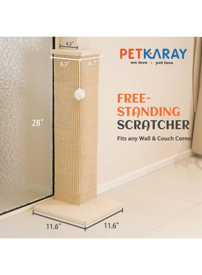PETKARAY Corner Cat Scratching Board, 28 Inch High Scratching Post for Sofa and Wall, Sisal Scratching Mat, Furniture Protector with Play Ball, Large - Image 2