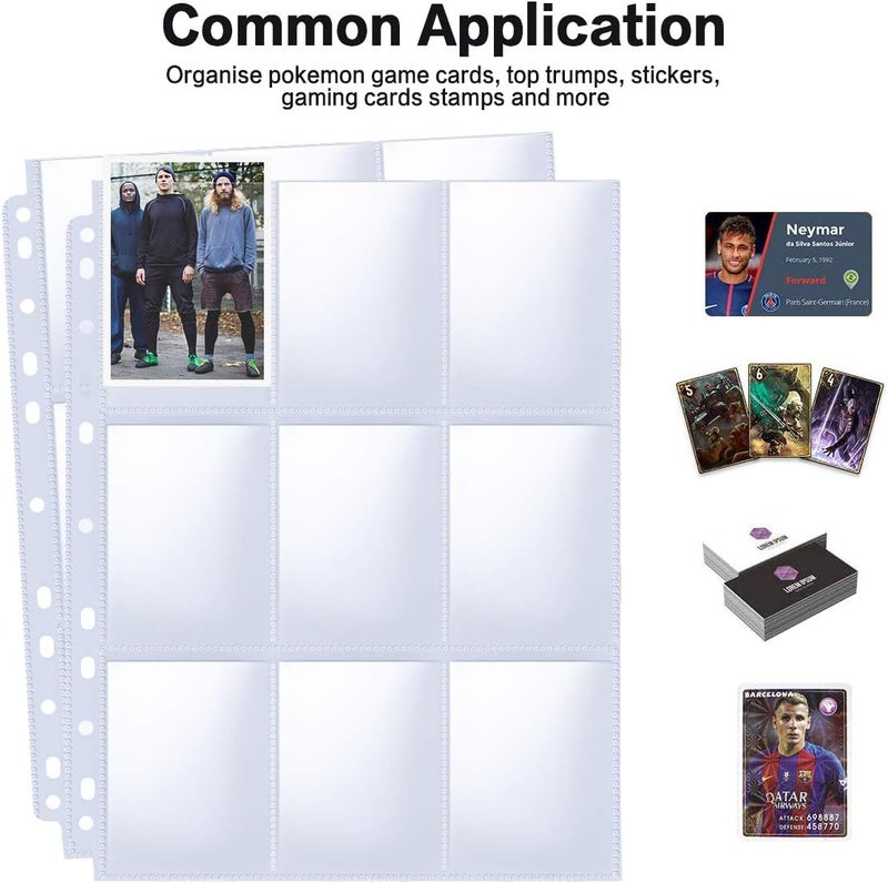 PANDRI Trading Card Sleeve Pages, 100 Pack 9 Pocket Trading Card Storage Album Pages 11 Holes Fit 3 Ring Binder - Image 4