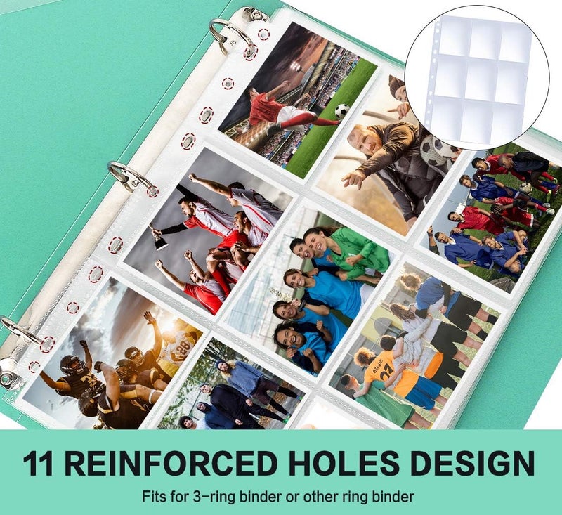 PANDRI Trading Card Sleeve Pages, 100 Pack 9 Pocket Trading Card Storage Album Pages 11 Holes Fit 3 Ring Binder - Image 5