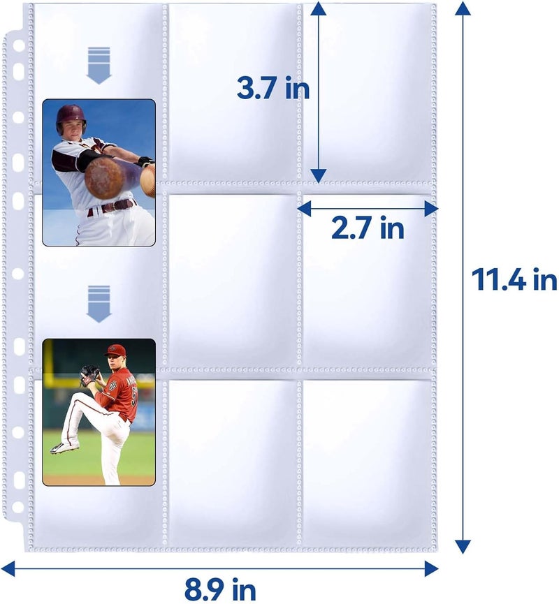 PANDRI Trading Card Sleeve Pages, 100 Pack 9 Pocket Trading Card Storage Album Pages 11 Holes Fit 3 Ring Binder - Image 2