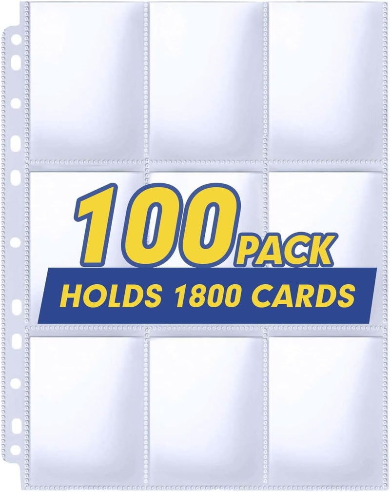 PANDRI Trading Card Sleeve Pages, 100 Pack 9 Pocket Trading Card Storage Album Pages 11 Holes Fit 3 Ring Binder - Image 1