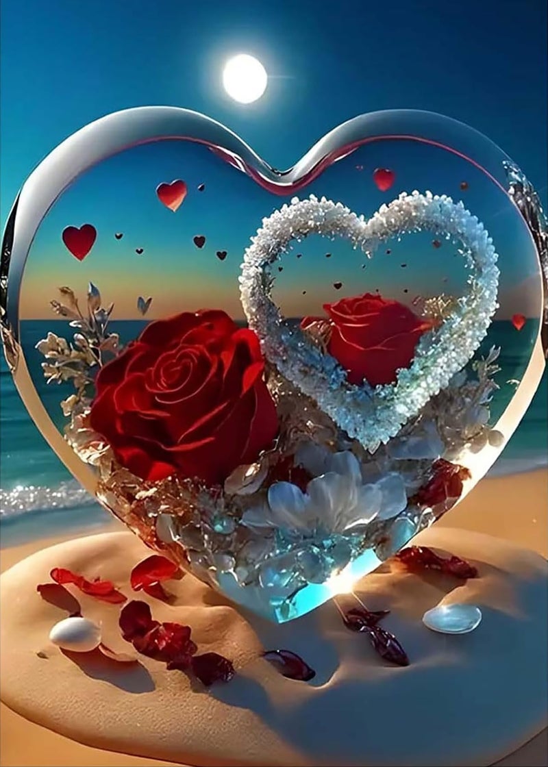 KINPLUB 5D Diamond Painting Kits for Adults, Roses in Love Beach Diamond Art Kits for Adults Beginners, DIY Full Drill Paint with Round Diamond Dots, Home Wall Decor 12x16 Inch - Image 1