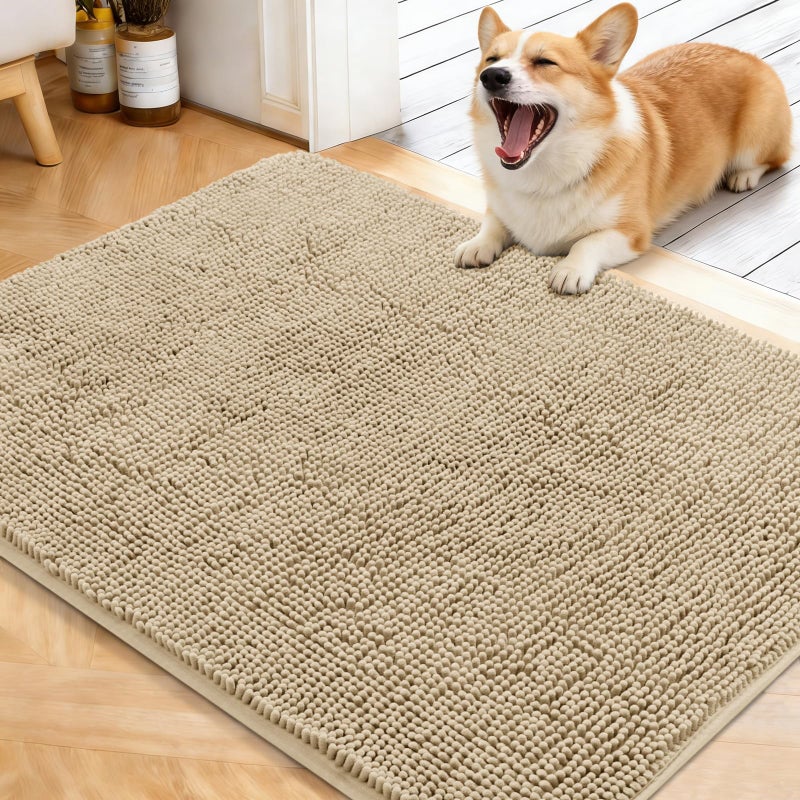 OLANLY Dog Door Mat for Muddy Paws 40x32, Absorbs Moisture and Dirt, Absorbent Non-Slip Washable Doormat, Quick Dry Chenille Mud Mat for Dogs, Entry Indoor Entryway Carpet for Inside Floor, Beige - Image 1