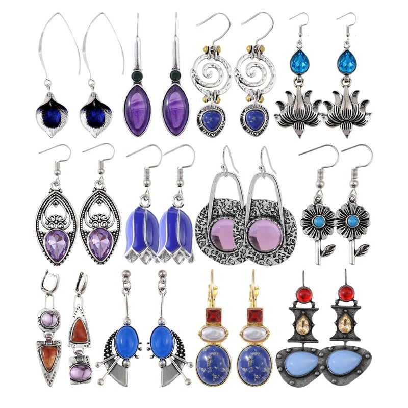 Coolkin 12 Pairs Boho Vintage Geometric Round Crystal Drop Dangle Earrings Ethnic Style Vintage Sunflower Earrings Owl Moon Christmas Earrings Set for Women (12 Pairs Crystal) - Image 1